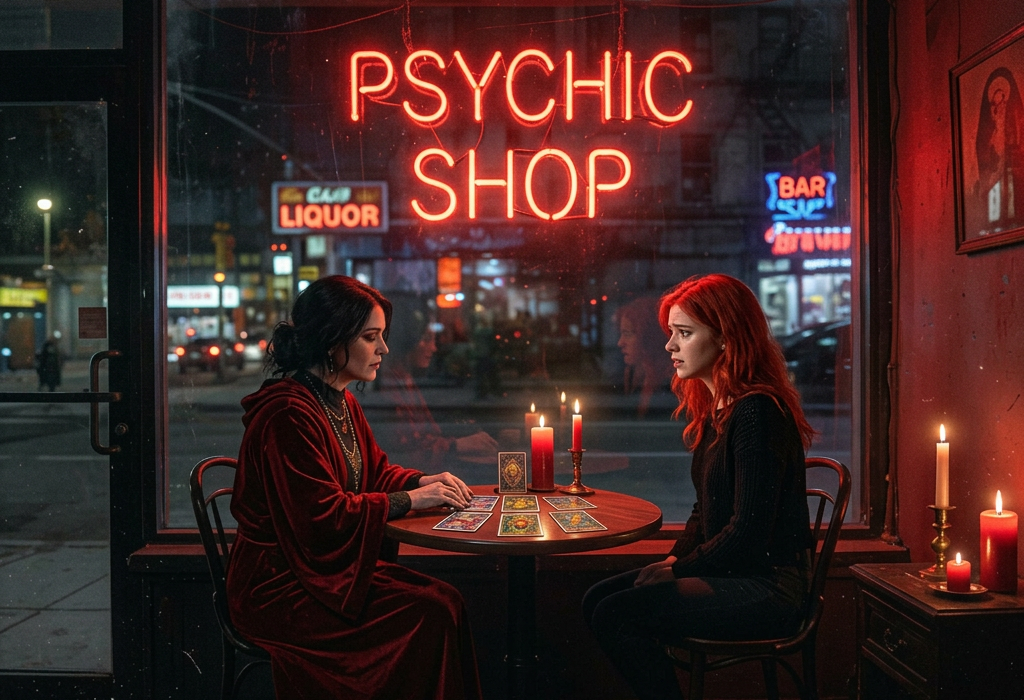 Two women at a tarot card reading inside a psychic shop at night, illuminated by red neon signs and candlelight