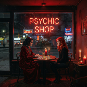 Two women at a tarot card reading inside a psychic shop at night, illuminated by red neon signs and candlelight