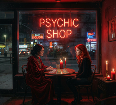 Two women at a tarot card reading inside a psychic shop at night, illuminated by red neon signs and candlelight