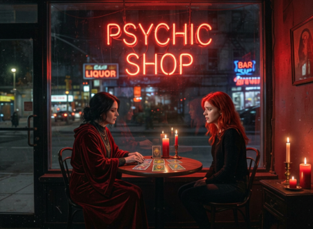 Two women at a tarot card reading inside a psychic shop at night, illuminated by red neon signs and candlelight