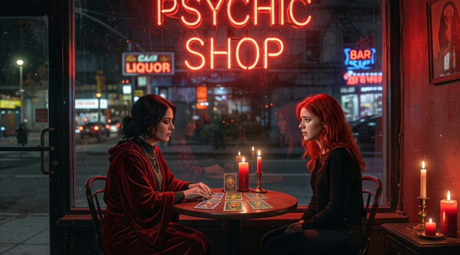 Two women at a tarot card reading inside a psychic shop at night, illuminated by red neon signs and candlelight
